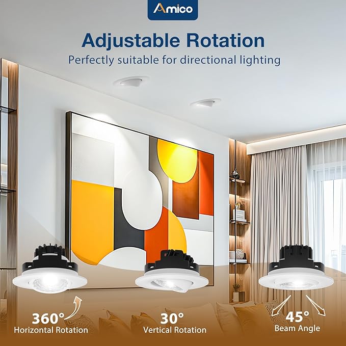 Amico 12 Pack 3 Inch 5CCT Eyeball LED Recessed Lighting, 360° Adjustable Rotation Gimbal Directional Downlight, Dimmable, 2700K/3000K/3500K/4000K/5000K Selectable, 8W 600LM CRI90+, ETL&FCC, White