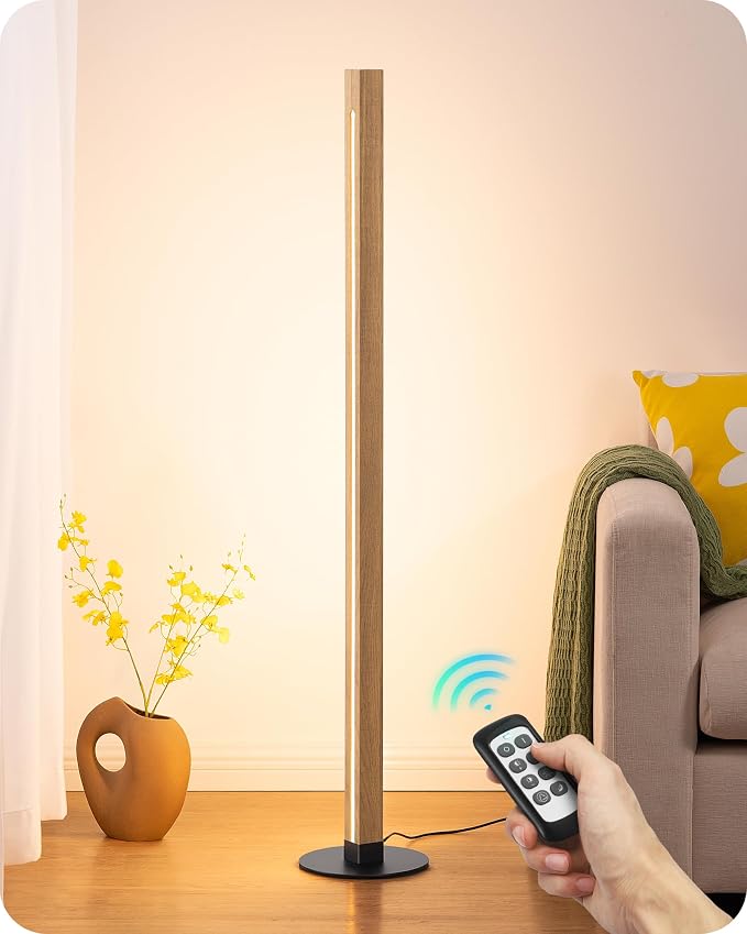 EDISHINE Wooden LED Floor Lamp with Remote, Dual Lighting, 7CCT & Dimmable | Foot Switch, Night Light Mode, Memory Function, Standing Lamp for Bedroom, Office, Walnut Wood