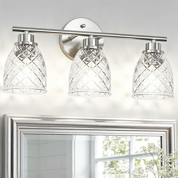 3-Light Bathroom Light Fixtures, Brushed Nickel Vanity Lights Over Mirror | Modern Farmhouse Wall Sconces with Hammered Glass Lampshade for Kitchen Hallway Bedroom Living Room Cabinet Porch-18.1IN