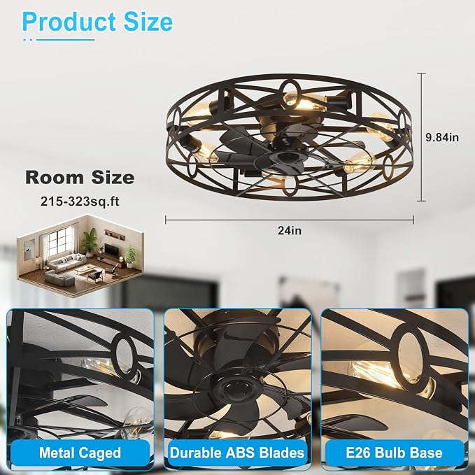 Depuley Flush Mount Ceiling Fan: 24" Caged Ceiling Fans with Remote Control for Patio Kitchen Bedroom - Low Profile Fandelier Lights Fixture Reversible 6 Speed Timer Black 6*E26 Bulb Not Included