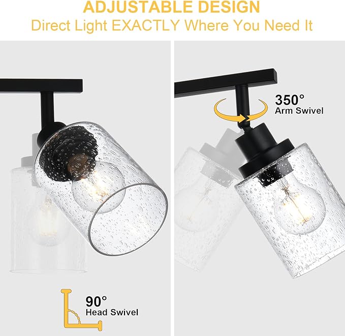 2-Light Black Track Lighting Kit Ceiling Mount Kitchen Track Lighting Fixtures, Bathroom Ceiling Tracking Vanity Light with Bubble Seeded Glass Shade & Rotatable Tracking Heads for Accent Shop
