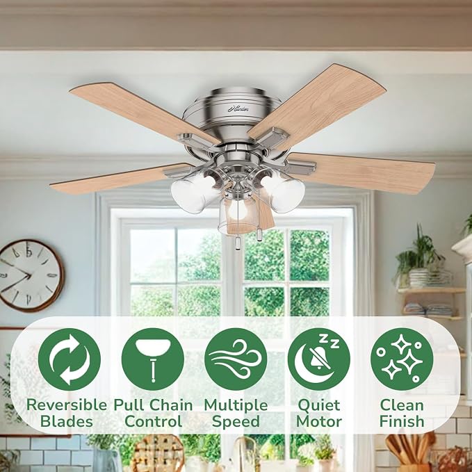 Hunter Crestfield, Indoor, Ceiling Fan, Quiet, 42 inch, Brushed Nickel | with LED Lights and Pull Chain, Low Profile Flush Mount, 5 Blades, For Bedroom, Living Room, Kitchen, 52154