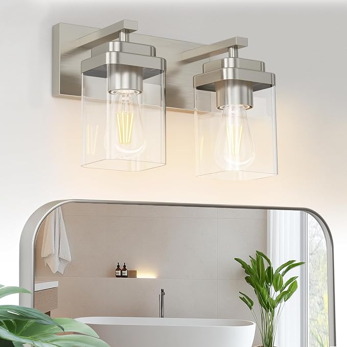 Brushed Nickel Bathroom Light Fixtures, 2 Lights Bathroom Lighting Fixtures Over Mirror, Square Design & Rectangle Large Backplate, Modern Vanity Lighting Fixtures, for Living Room/Bedroom