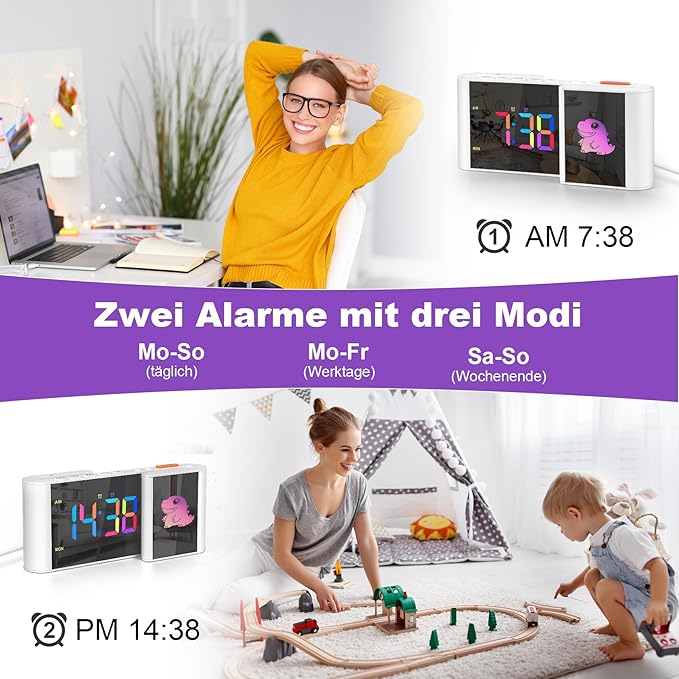 Alarm Clock,Alarm Clocks Bedside with Cute Cartoon,7.2''Large Mirror Clock,11 Colors Digital,10 Colors RGB Cartoon,Week Display,Auto Dimming,Dual Alarms,USB Port,5 Levels Volume for Bedroom Home Decor
