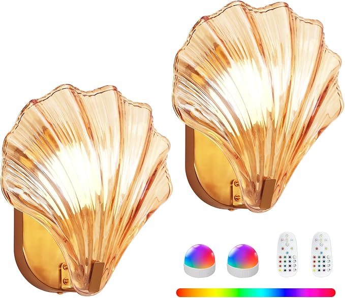 Vintage Battery Operated Wall Sconces with Remote, Amber Rechargeable Wireless Wall Sconces with Magnetic LED Bulbs, Indoor Shell Shaped Wall Lights for Living Room, Bedroom, Doorway, Set of 2
