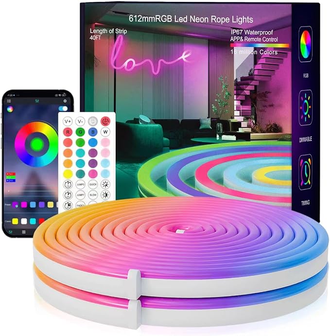 SILFU Neon Rope Lights, 20FT RGB LED Strip Lights | Waterproof IP67 LED Lights for Bedroom, DIY Design, Music Sync, 44Key Remote Control, Multiple Modes for Bedroom,Decoration
