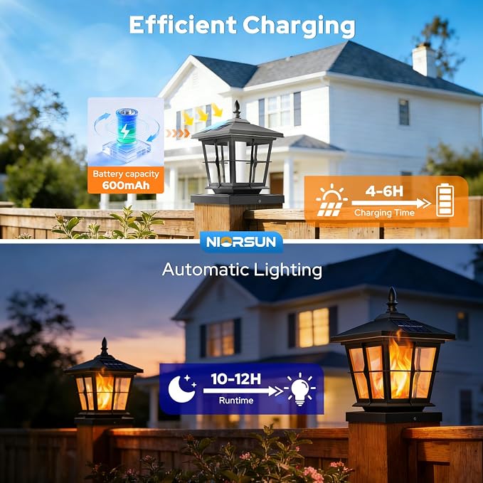 4x4 Post Solar Lights, Solar Post Lights Flame Light, 6 Pack Black | Solar Post Cap Lights, 4x4 Post Caps & 5x5 Wood Vinyl, IP64 Waterproof Fence Post Solar Lights Outdoor,Solar Deck Post Lights