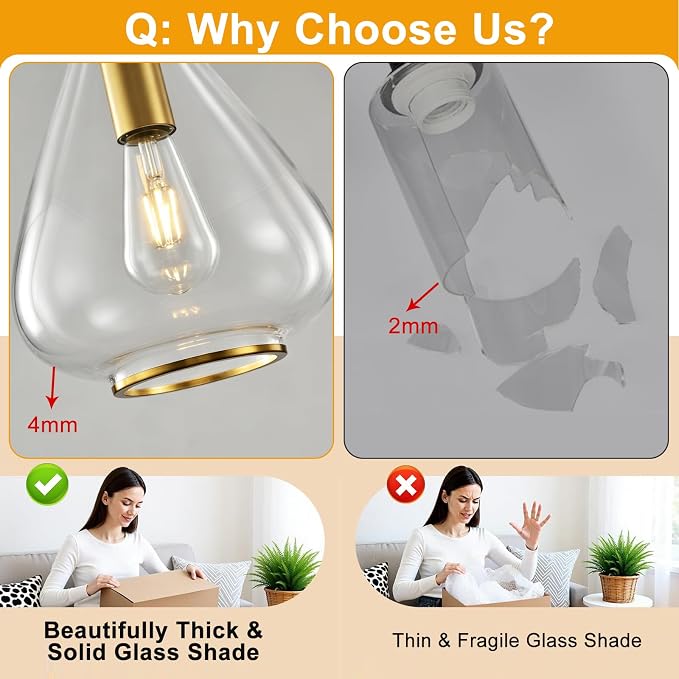 2 Pack Modern Pendant Lights Kitchen Island, Brushed Gold Pendant Light Fixtures with 8.5" Clear Glass Shade, Industrial Hanging Pendant Lights Fixture for Kitchen Island Dining Room Hallway Entryway