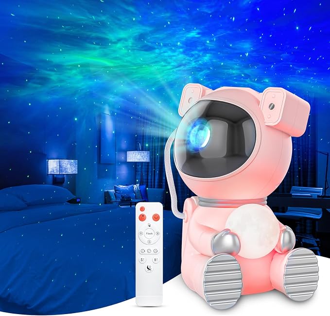 Cayclay Astronaut Galaxy Projector, Remote & Timer Night Light, Pink | 360° Magnetic Adjustable Head, Auto-Off Timer, Remote Controllable LED Lamp, Dimmable Multi-Color Night Light For Home Decor