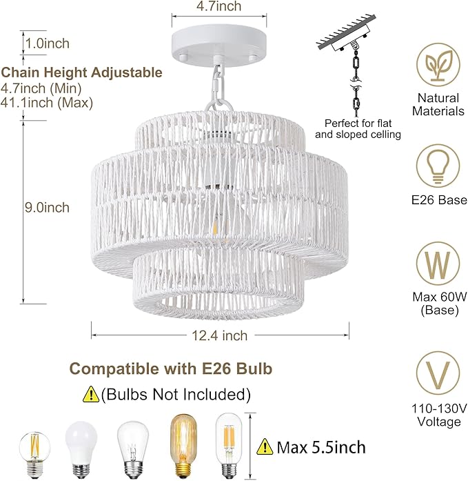 12.4" Large Boho Rattan Farmhouse Chandeliers for Dining Room, Rattan Hand-Woven Rustic Drum Chandelier Pendant Light Fixture for Kitchen Island Bedroom Living Room Entryway Foyer(White)