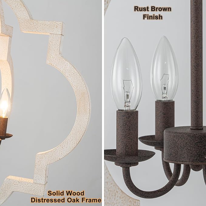 22" Farmhouse Chandelier Distressed White Wood Dining Room Light Fixture | Oak, Rustic Country Style, Large Lantern, 4-Light Hanging Pendant Light For Foyer Entryway Kitchen Island Bedroom Over Table