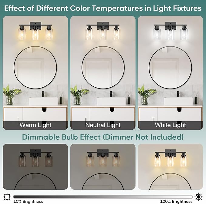Ascher Bathroom Light Fixtures, 3-Light Vanity Light Over Mirror, Matte Black Wall Sconces with Clear Glass Shades, Wall Lamp for Living Room Bedroom, E26 Base(Bulbs Not Included)