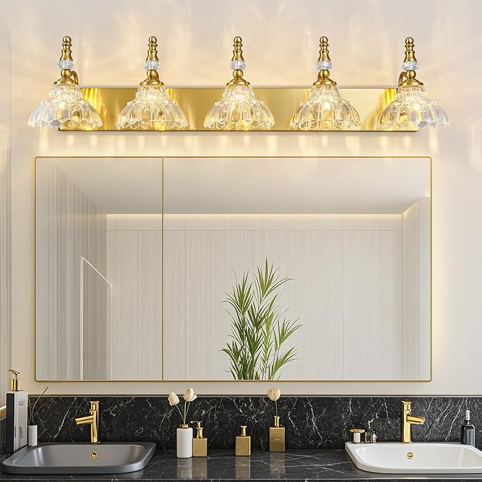 Vintage Bathroom Vanity Light, 5-Light Gold Vanity Lighting Fixture with Flower Glass Shade, Bathroom Lighting Fixtures Over Mirror