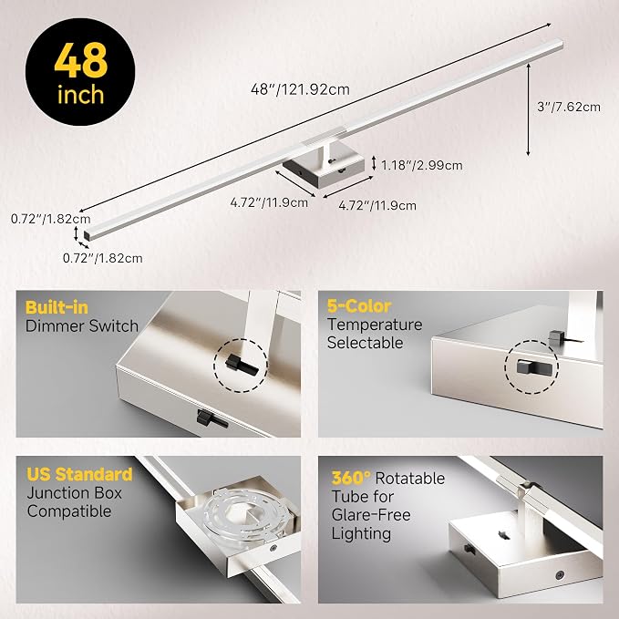 48 Inch Brushed Nickel Bathroom Vanity Light, Built-in Dimmer 2700K-6000K 2100LM LED, 360° Rotatable Bathroom Lights Over Mirror for Makeup, Shaving, Restroom, Powder Room ETL FCC