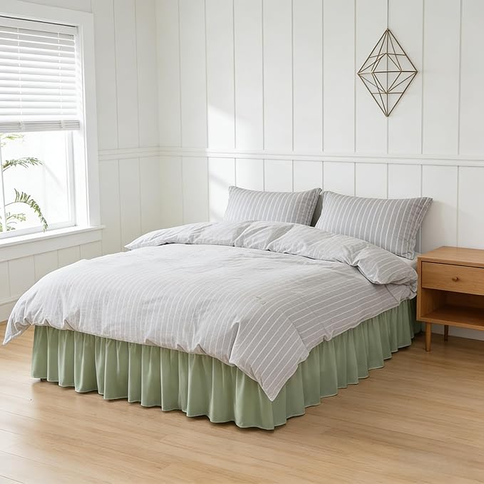 RIMELA Sage Green Bed Skirt Full Size 15 Inch Drop, Elastic Bed Skirting for Bed Base and Frame, Bedding Dust Ruffle Easy to Install, Wrap Around Adjustable Bedskirt