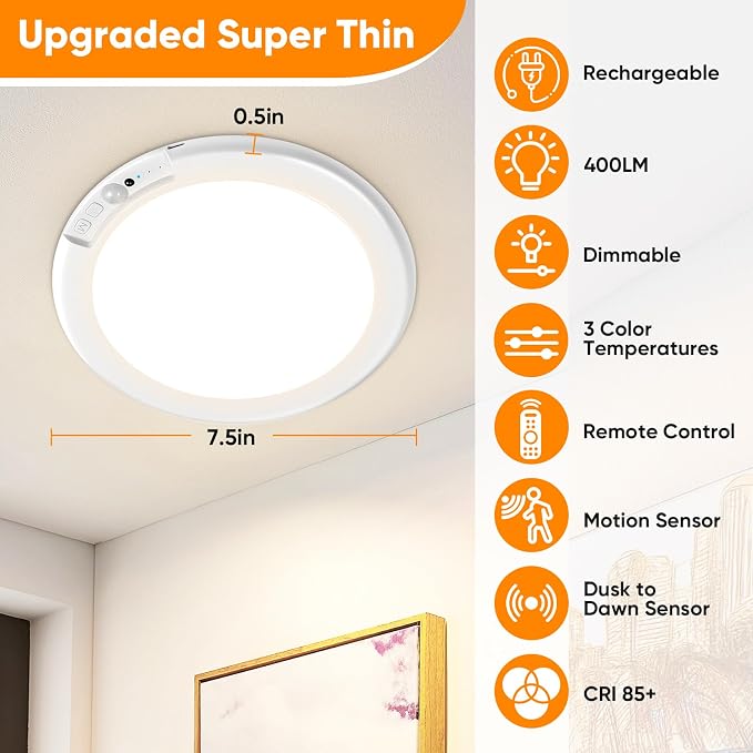 Rechargeable Motion Sensor Ceiling Light, Battery Operated Closet Light | Wireless Battery Powered LED Shower Light, Magnetic Cordless Ceiling Light with Remote, Overhead Lamp for Pantry Shed, 6-Pack