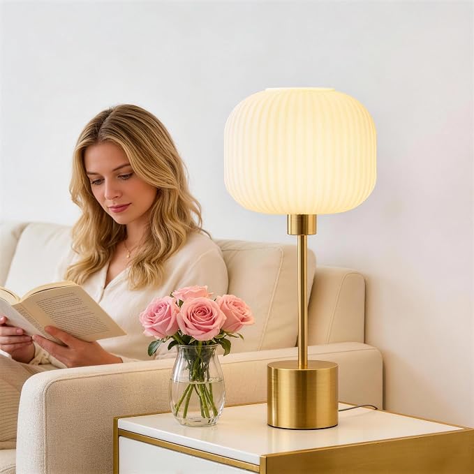QiMH Glass Table Lamp for Living Room, Modern Bedside Lamp with Gream Ribbed Glass Shade, 3-Way Dimmable Touch Control Nightstand Lamp for Bedroom, Brushed Gold (2700K LED Bulb Included)