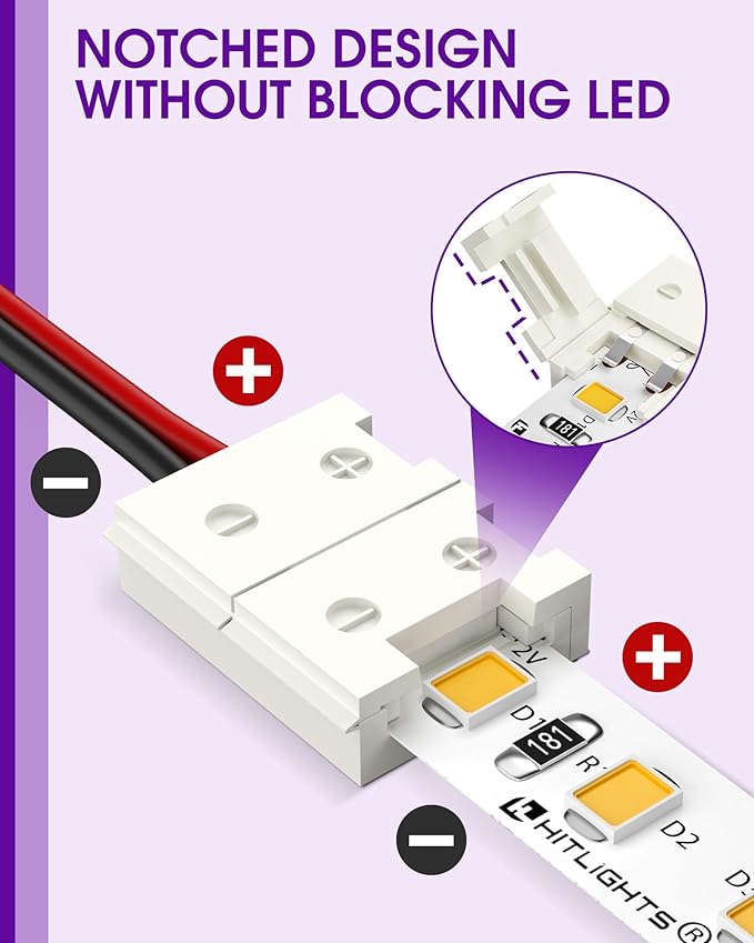 HitLights LED Strip Connectors 2Pin 8mm LED Connector Kit Include Solderless Gapless Connector, 6Inch Jumper, DC Female, DC Jack Splitter for LED Light Strips
