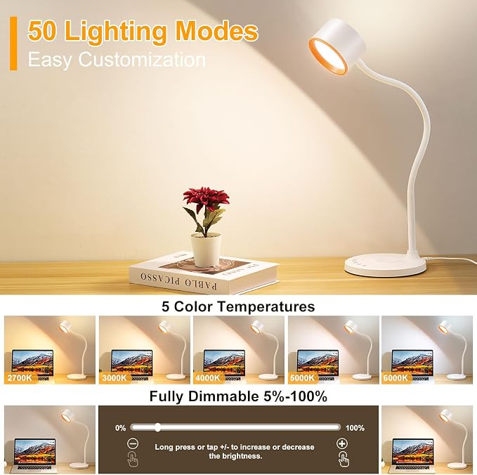 LiFMIRA Desk lamp with USB Charging Ports, Touch Control Desk Light White | Reading Lamp for Home Office, 5 Color Stepless Dimming Study Lamps Reading Light Table Lamp for Bedroom Bedside Dorm Room