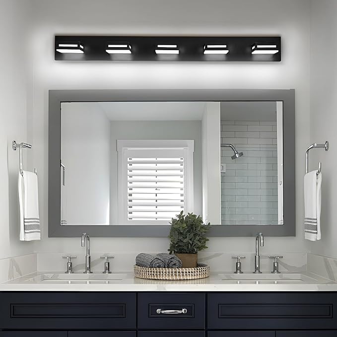 LED Modern Bathroom Light Fixtures, 5-Light 40-Inch Matte Black Vanity Lights for Bathroom Lighting Fixtures Over Mirror, 6000K Cool White 350° Rotatable Wall Lamp
