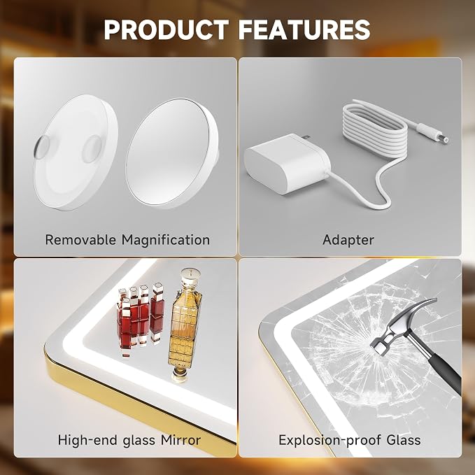 Hasipu Vanity Mirror with Lights, 31.5" x 20" LED Makeup Mirror, Lighted Makeup Mirror with Dimmable 3 Modes, Touch Screen Control Vanity Mirror Round Gold