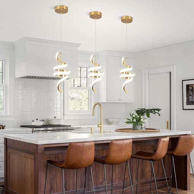 Modern Spiral LED Pendant Lights Kitchen Island, 22W Adjustable Height Hanging Light Fixture 5500K Gold Chandelier for Dining Room Cafe Table, 3 Pack