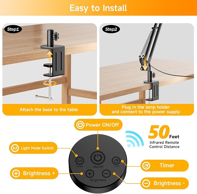 Led Desk Lamp for Home Office - 2400LM Ultra Bright Desk Light -Eye Caring Desk Lamp with Clamp - Adjustable Office Lamp with Remote Control- Easy Installation - 24W Black