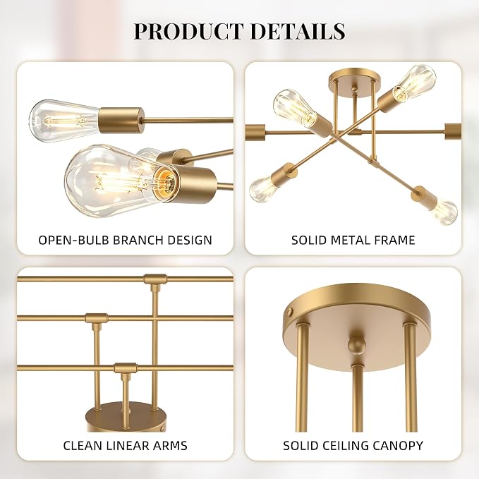 Modern Sputnik Chandelier Ceiling Light Fixtures, 6-Lights 22” Mid Century Industrial Metal Semi Flush Mount for Dining Room, Bedroom, Living Room-Gold