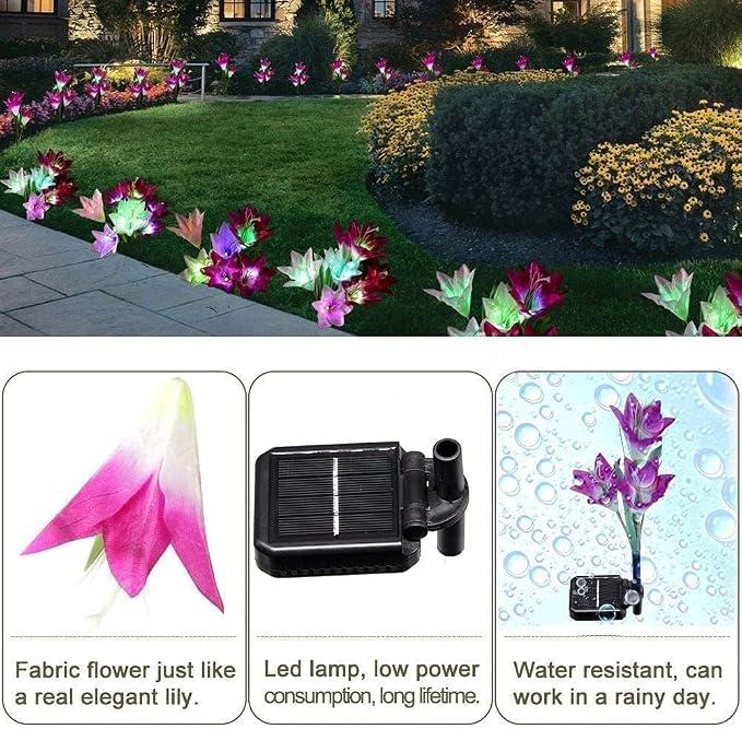 SOLARBABY Solar Lights Outdoor - Lily Flower Solar Garden Lights, 6 Pack Lights Outdoor Waterproof Multicolor Changing LED Flower with Bigger Lily for Patio Yard Pathway Balcony Outdoor Décor