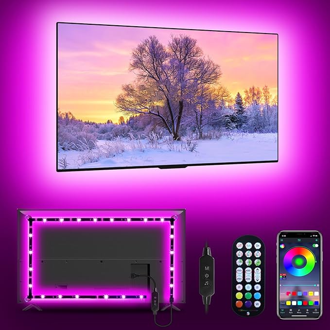 Daymeet LED Lights RGB Backlight, 16.4ft Strip for 65-85 inch TV Behind, Music Sync USB Bluetooth APP Remote Control Color Changing Light for Gaming Room