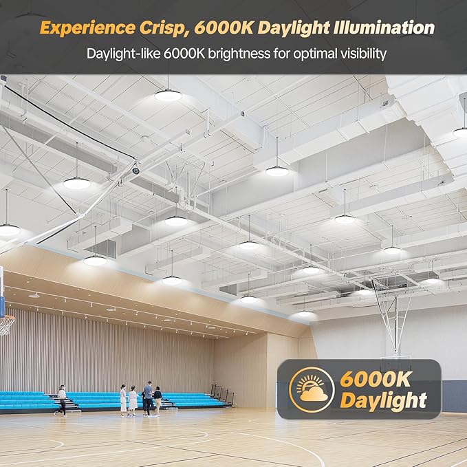 AIKVSXER 200W UFO High Bay Light 12 Pack, 6000K LED Shop Lights Plug & Play | 30000LM Commercial Bay Lighting IP65 Waterproof Garage Light, CRI>85 No Flicker, 120° Beam Angle, 5ft Cable 60000hrs Lifespan
