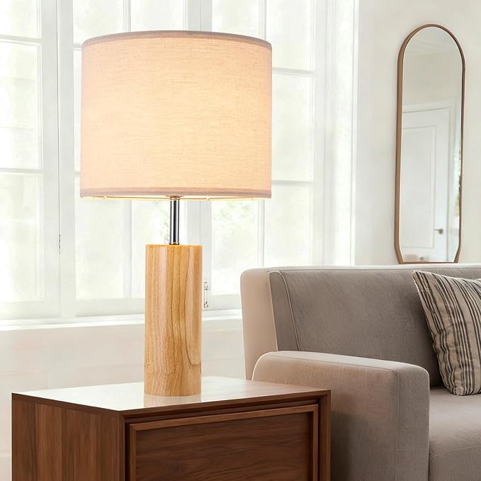 lapupu 23.5" Wood Table Lamps Set of 2 for Living Room, Vintage Farmhouse Bedside Lamps for Bedroom, Large Round Desk Lamps for End Table Nightstand, Natural Wood