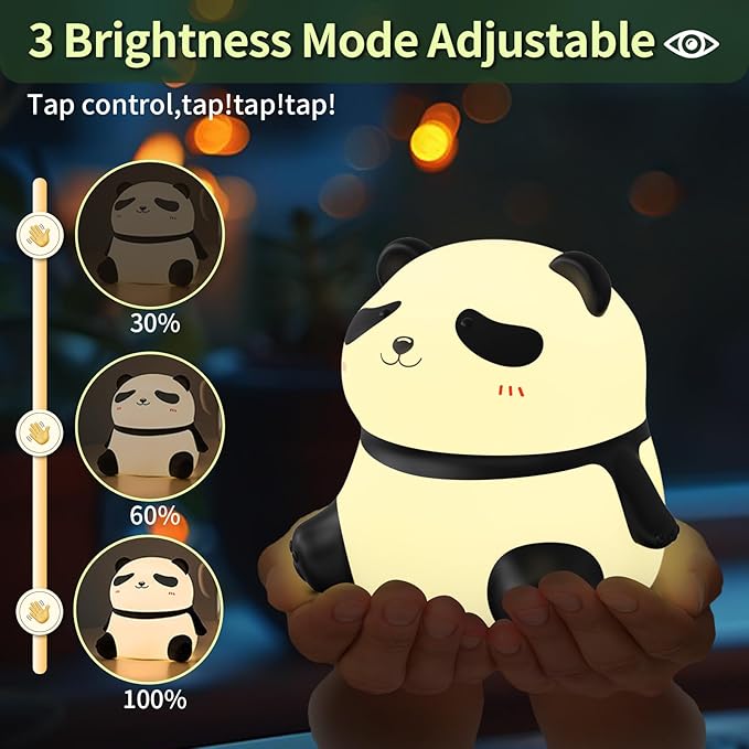 Panda Night Light, Squishy Light for Kids, LED Cute Toddler Night Light for Kids Room, 3 Level Dimmable Nursery Nightlights for Breastfeeding, Silicone Animal Night Lamp for Bedroom, Kawaii Room Decor