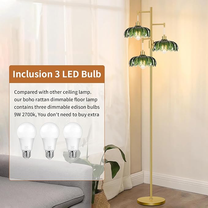 Dimmable Floor Lamps for Living Room Bedroom-3 Light Gold Floor Lamp with Glass Lampshape, Flower Tall Lamp Mid Century Modern Standing Lamp Glass Tree Floor Lamps for Living Room Bedroom,Corner