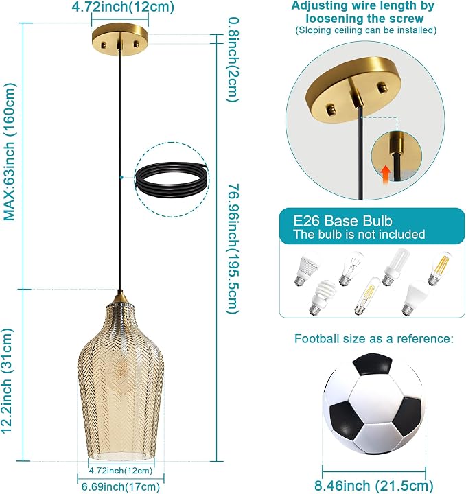 Amber Glass Pendant Lights Kitchen Island Gold Hanging Ceiling Light 6.7" | 1 Pack, Adjustable height, Dimmable, E26 bulbs, Rust-resistant Damp Rated For Bathrooms, 5-Year Warranty, UL Certification