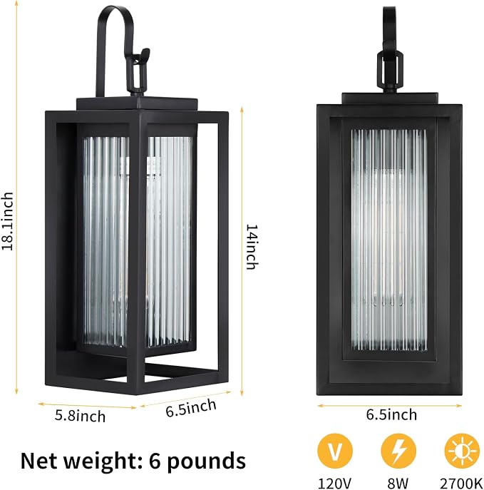 Outdoor Wall Lights for House Exterior, 18 Inch Large Black Modern Lantern with Dual Metal Frame & Textured Glass, IP65 Waterproof (Bulbs Included)