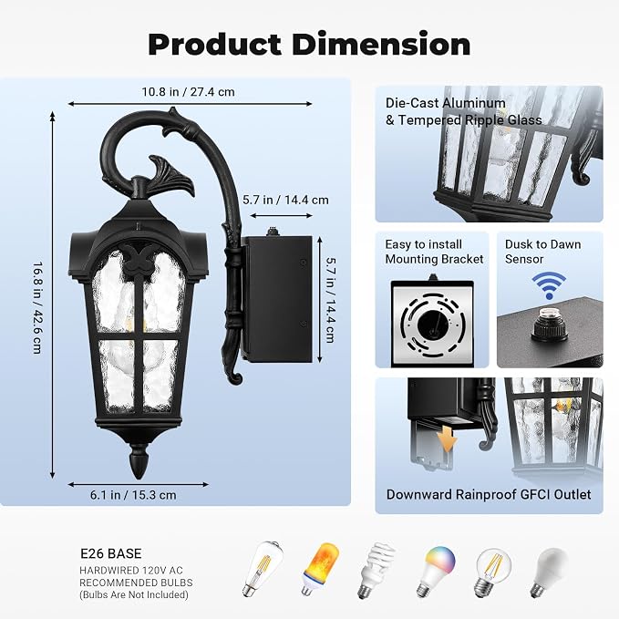 Outdoor Porch Light with GFCI Outlet, Black Roman Dusk to Dawn Porch Light Wall Mount, Aluminum Exterior Wall Sconce with Water Ripple Glass, Waterproof Outside Sconce Lights for House