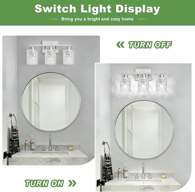 3-Light Bathroom Light Fixtures, Brushed Nickel Vanity Lights Over Mirror | Wall Sconces with Clear Textured Glass Shades for Living Room Bedroom Hallway,E26 Base (Bulbs Not Included)