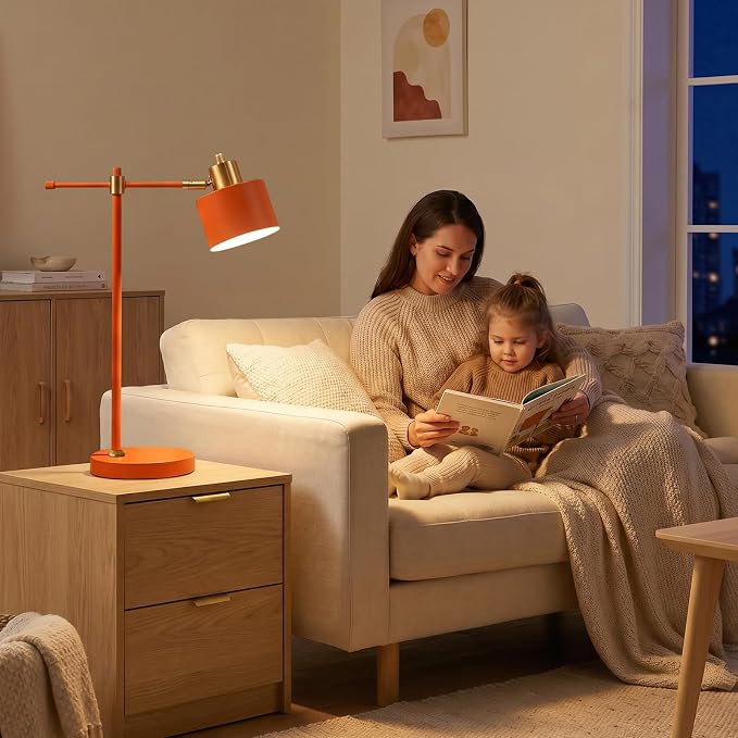 22.2" Modern Desk Lamp, Metal Table Lamp with LED Bulb, Adjustable Reading Lamps for Living Room, Mid Century Task Lamp for Home Office, Industrial Bedside Lamps with Solid Base, Orange