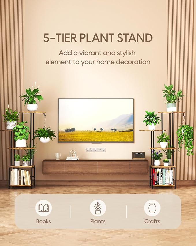 Plant Stand Indoor - 5-Tier Metal Plant Shelf with Hanging Basket Hook, Corner Tall Flower Holder for Multiple Plants, Living Room Balcony Garden Patio, Rustic Brown
