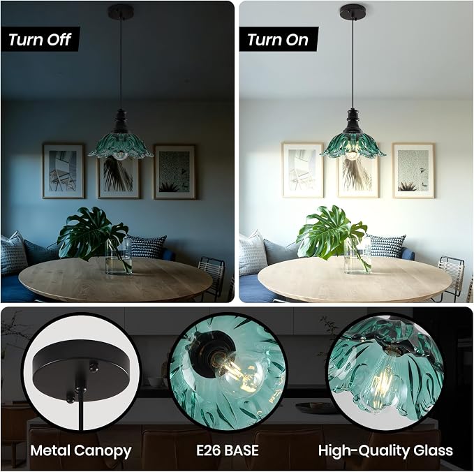 Green Pendant Light, Flower Pendant Lighting with Glass Shade, Vintage Pendant Light Fixture for Kitchen Island, Living Room, Dining Room, Sink, Hallway, Restaurant