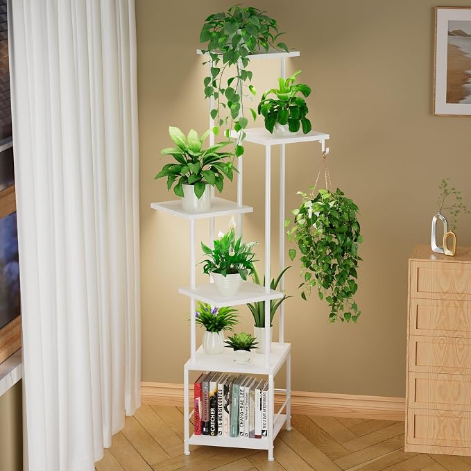 Plant Stand Indoor with Grow Light - 6-Tier Metal Plant Shelf with Hanging Basket Hook, Corner Tall Flower Holder for Multiple Plants, Living Room Balcony Garden Patio, White