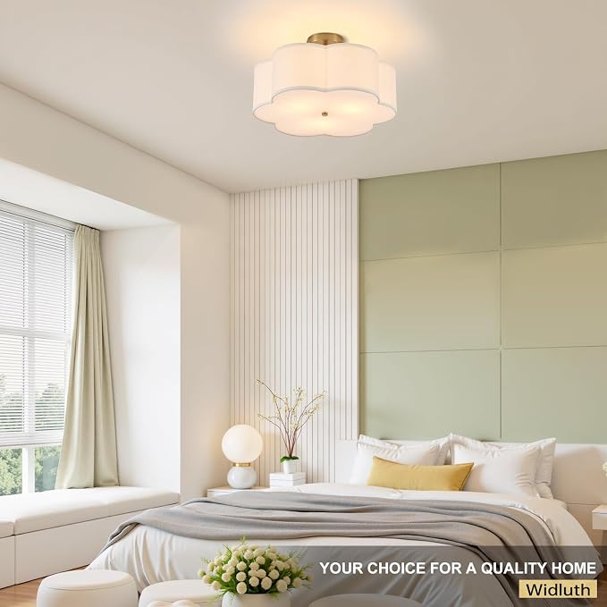 18" Modern Gold Drum Ceiling Light, 3-Light Semi-Flush Mount | Linen Drum Shade, Gold Metal Frame, Modern Style for Laundry Rooms, Kitchens, Basements, Dining Rooms, and Bedrooms, E26 Base