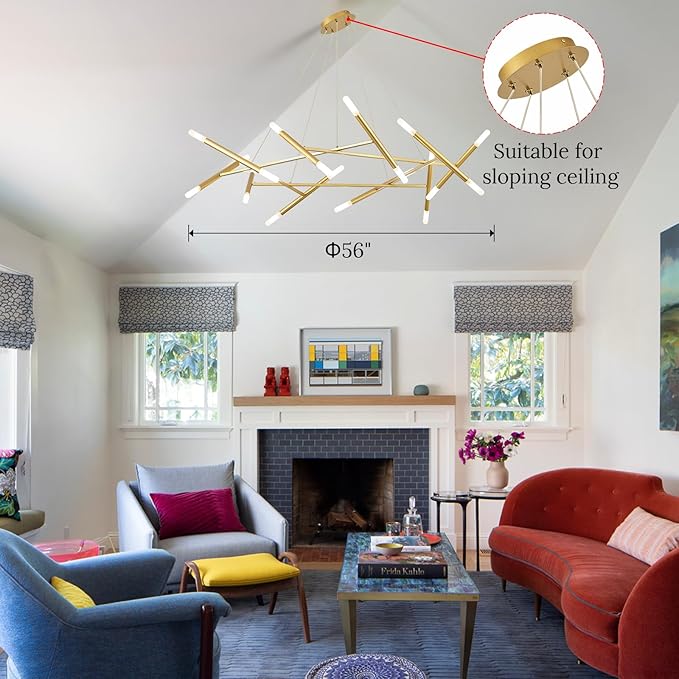 Gold Chandelier Light Fixture, 56" Round Dining Room Chandelier Over Table 20 Light Geometric Modern Chandeliers Mid-Century Hanging Light Fixture for Foyer Living Room Master Bedroom, G9