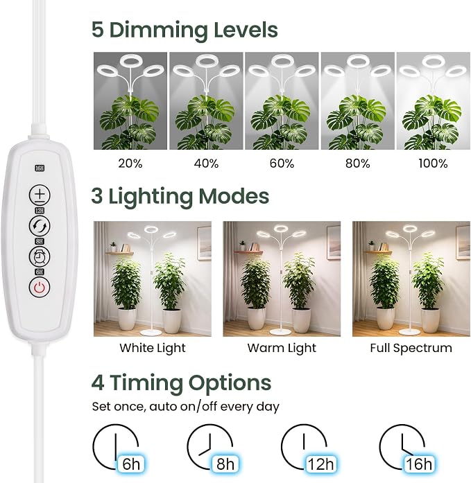 LBW 3-Head Grow Light with Stand for Indoor Plants, Full Spectrum Grow Light for Tall Large Plants, Adjustable Height up to 68", Auto Cycle Timer 6/8/12/16H, 5-Level Dimming, 3 Lighting Modes,White