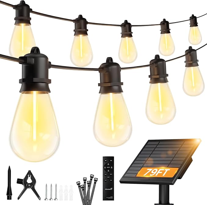 Minetom 79FT Solar String Lights Outdoor Waterproof, S14 Patio Lights | 24 LED Shatterproof Bulb, Remote Type-C Port Timable, 3 Light Modes Dimmable Solar String Lights for Outside, Yard, Camping