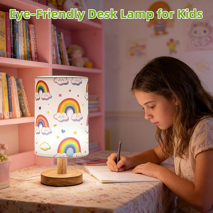 Rainbow Table Lamp,Kids Bedside Lamp for Bedroom Rainbow Decorative Lights 3 Colors Dimmable LED Nightstand Night Light with Cartoon Flaxen Fabric Shade Desk Lamp for Girls Boys Room Nursery Decor