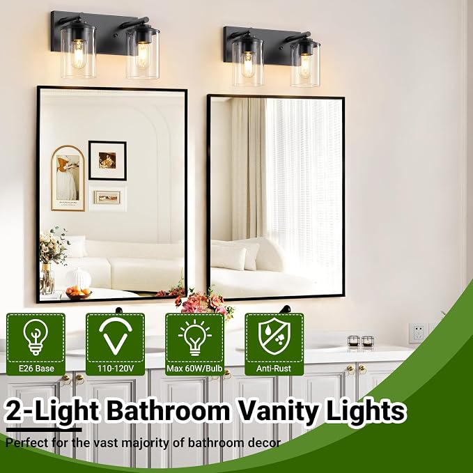 2-Light Black Bathroom Vanity Light, Modern Bathroom Lighting Fixtures with Clear Glass Shade, Bathroom Wall Mounted Lamps for Mirror, Living Room, Bedroom, E26 Socket