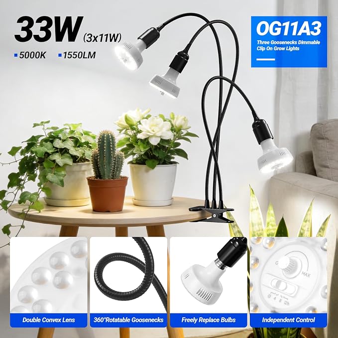 Barrina Orbgrow OG11A3 Clip On Grow Light for Indoor Plants, 5000K 33W | Integrated Stepless Dimming & Timing, Full Spectrum, High PPFD, 3 Goosenecks with E26 Plant Light Bulbs