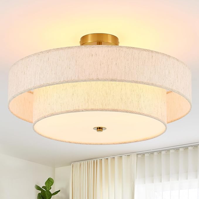Modern Semi Flush Mount Ceiling Light 21.7" Modern Gold 4-Lights Drum Ceiling Lighting Fixture Vintage Linen Golden Ceiling Lamp for Laundry Room, Kitchen, Living Room, Dining Room, Bedroom